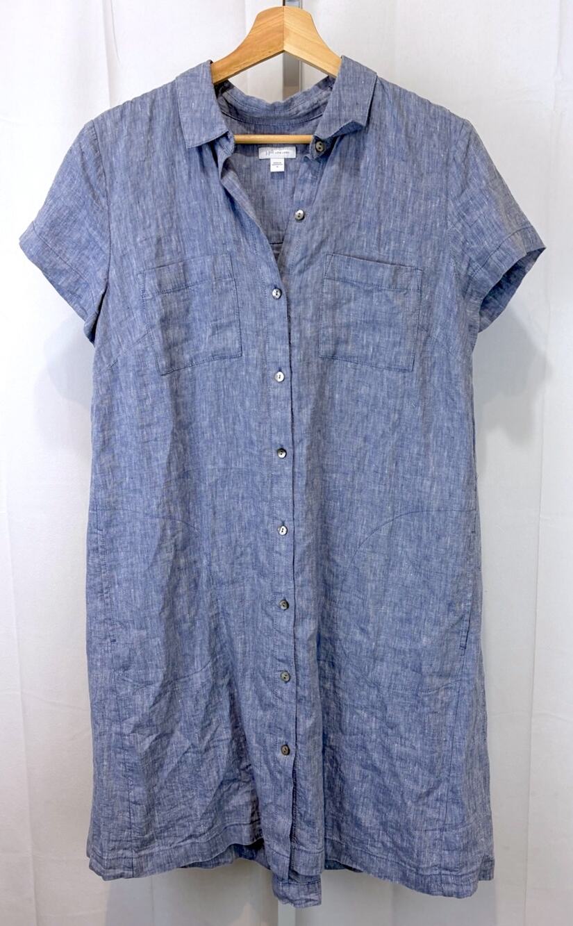 J. JILL Love Linen Short Sleeve Shirt Dress Button Front Pockets Blue Size M